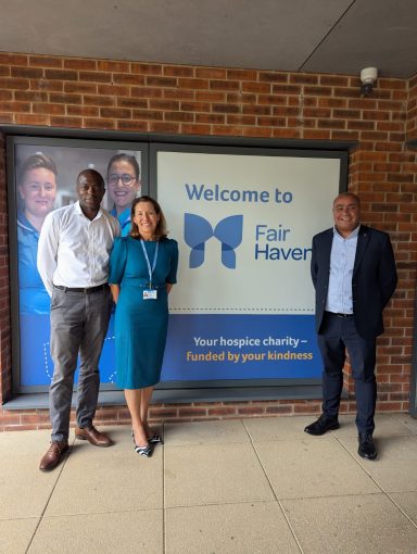 Visiting Havens with Bayo Alaba MP David, Bayo Alaba MP, and a staff member of Havens Hospice outside their office