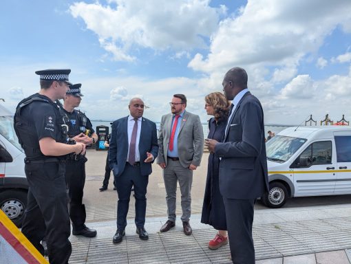 Meeting at the Seafront in Summer 2025 David with the Leader of the Council, Bayo Alaba MP, police officers, and the Policing Minister.