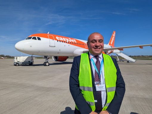 Southend Airport David in hi-vis standing on an airport runway with an easyJet plane behind him.