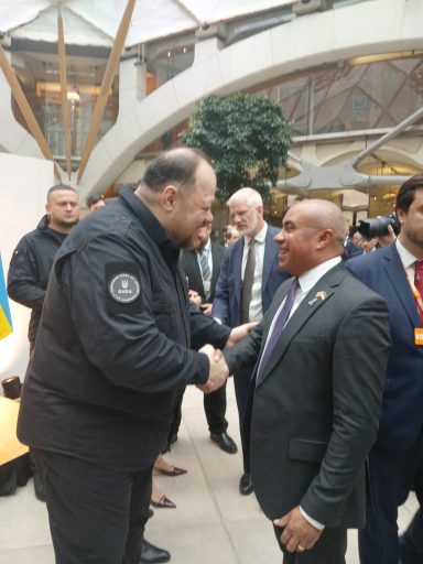 With Ruslan Stefanchuk, the Speaker of the Ukrainian Parliament, in Westminster David shaking hands with Ruslan Stefanchuk